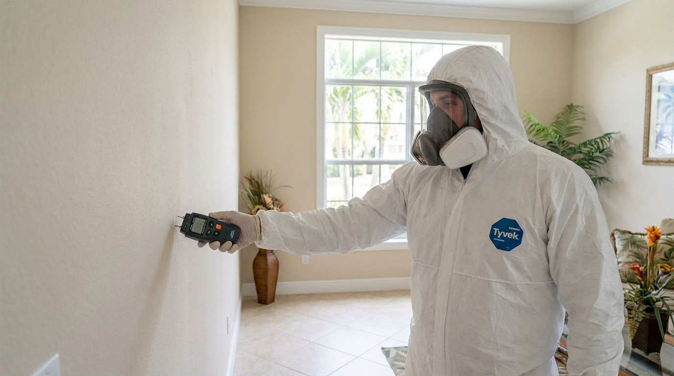 Inspector profesional evaluando moho con medidor de humedad